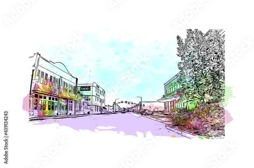 Building view with landmark of Gulfport is the 
city in Mississippi. Watercolor splash with hand drawn sketch illustration in vector.