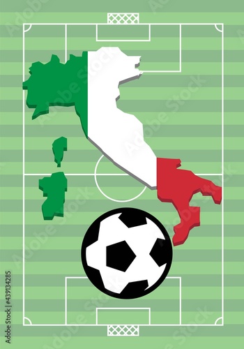 Italia metiendo gol. Mapa de Italia con su bandera lanzando el balón y metiendo gol a la portería del contrario en un campo de futbol