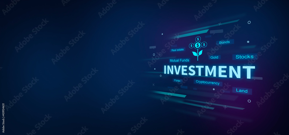 Investment text on digital blue background. Investment concept.
