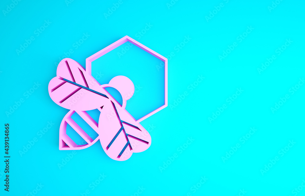 Pink Bee and honeycomb icon isolated on blue background. Honey cells. Honeybee or apis with wings symbol. Flying insect. Sweet natural food. Minimalism concept. 3d illustration 3D render Pink Bee and honeycomb icon isolated on blue background. Honey cells. Honeybee or apis with wings symbol. Flying insect. Sweet natural food. Minimalism concept. 3d illustration 3D render