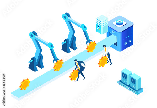 Isometric 3D business environment with business people working around conveyer belt, manufacturing parts, gears, money. New start up business, management, support infographic concept. 