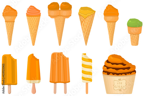 big kit ice cream popsicle different types in cone waffle cup