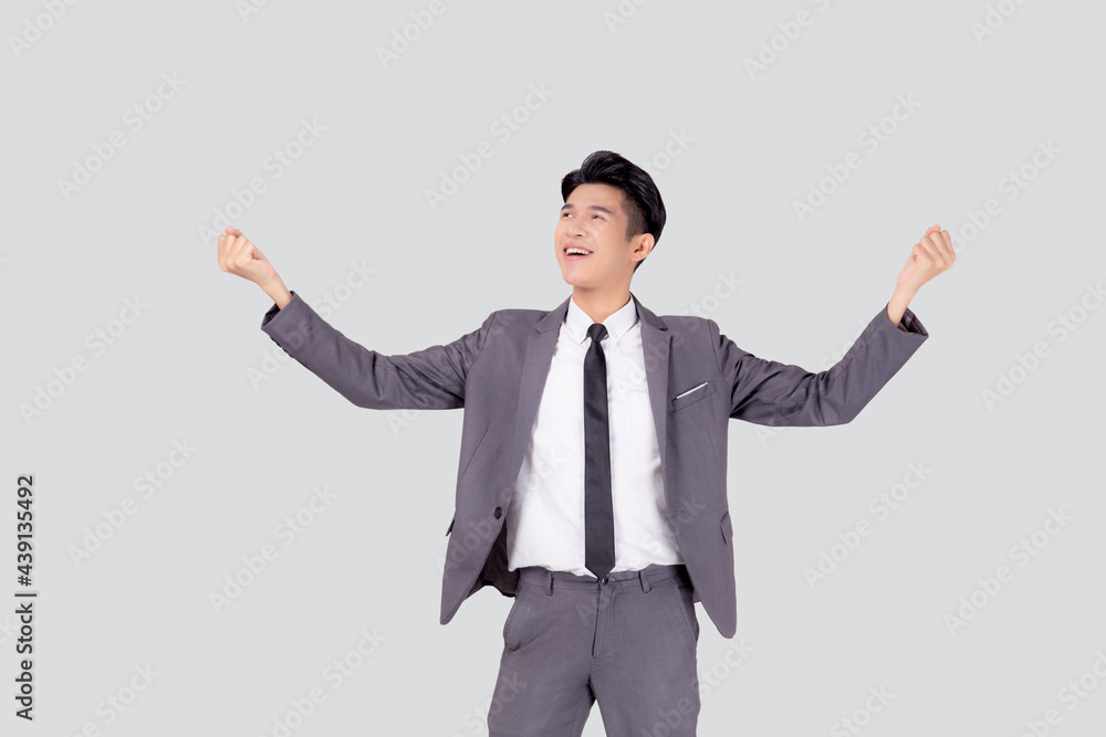 Portrait businessman in suit standing with win success isolated on white background, young asian business man is manager or executive having confident and excited is positive, expression and emotion. Portrait businessman in suit standing with win success isolated on white background, young asian business man is manager or executive having confident and excited is positive, expression and emotion.