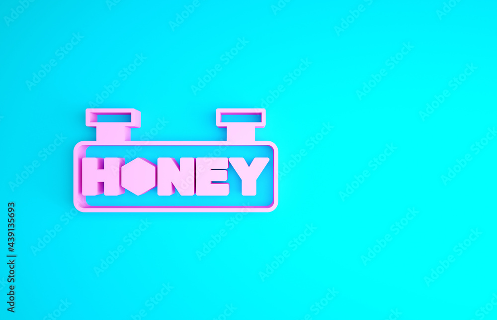Fototapeta premium Pink Hanging sign with honeycomb isolated on blue background. Signboard icon. Honey cells symbol. Sweet natural food. Minimalism concept. 3d illustration 3D render