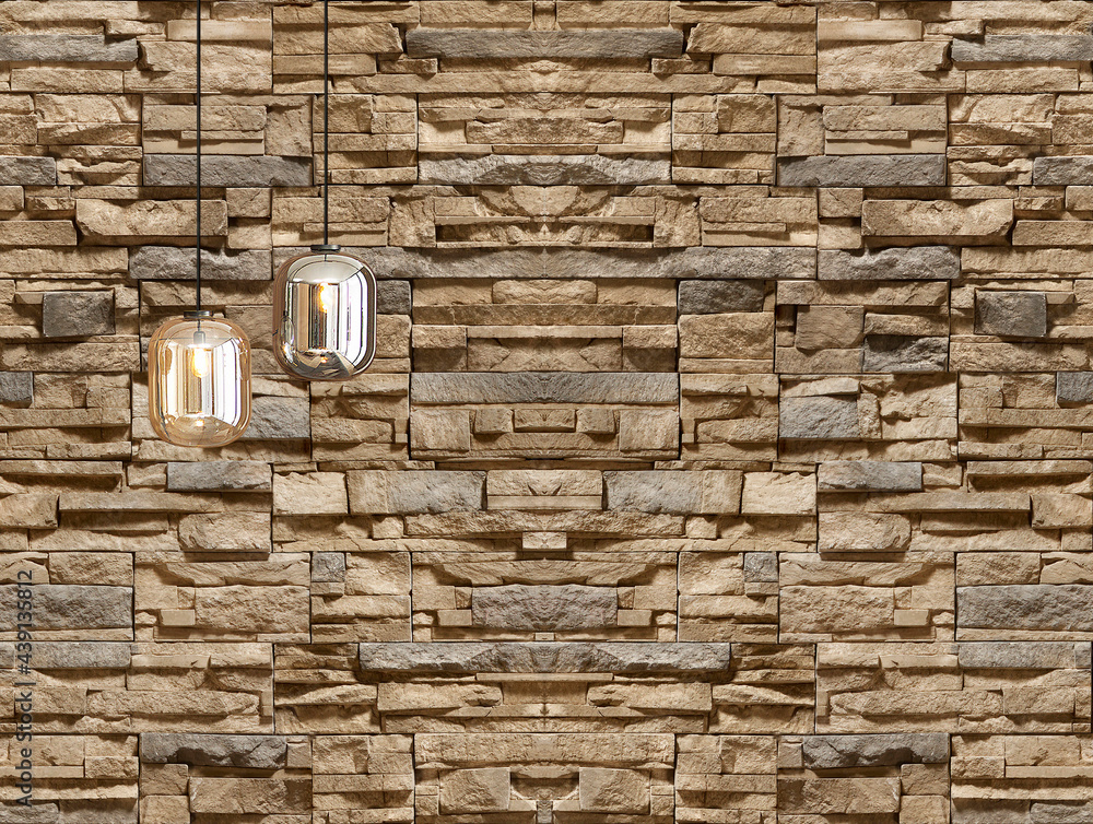 stone wall, interior design for home, office, hotel and bedroom, modern lamp