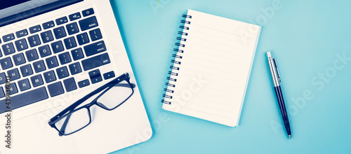 Flat lay of Laptop computer and plant and pen on desk in office  workplace and notebook and glasses and potted tree and book  workspace and copy space  top view  object with above  business concept.