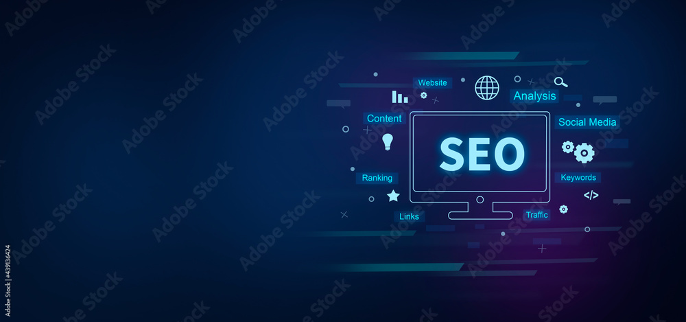 SEO text on digital blue background. SEO concept. SEO text on digital blue background. SEO concept.