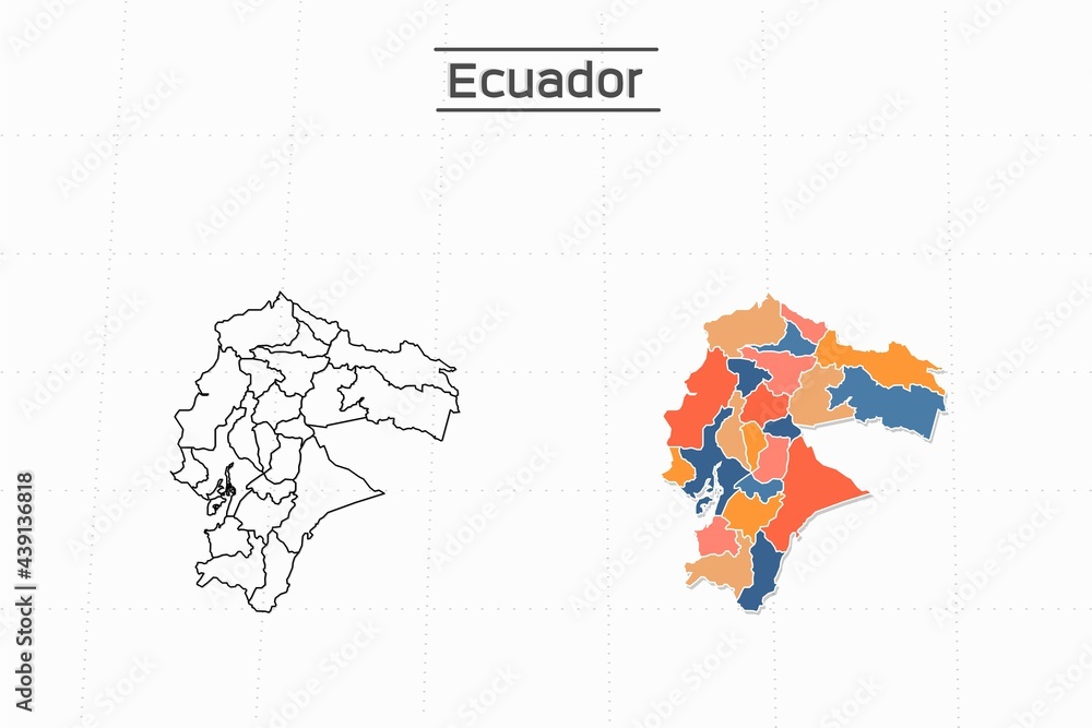 Obraz premium Ecuador map city vector divided by colorful outline simplicity style. Have 2 versions, black thin line version and colorful version. Both map were on the white background.
