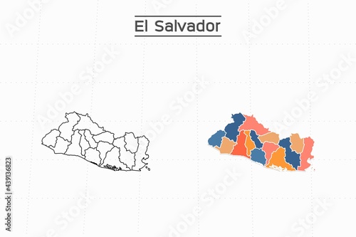 El salvador map city vector divided by colorful outline simplicity style. Have 2 versions, black thin line version and colorful version. Both map were on the white background.