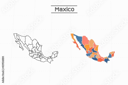 Maxico map city vector divided by colorful outline simplicity style. Have 2 versions, black thin line version and colorful version. Both map were on the white background. photo