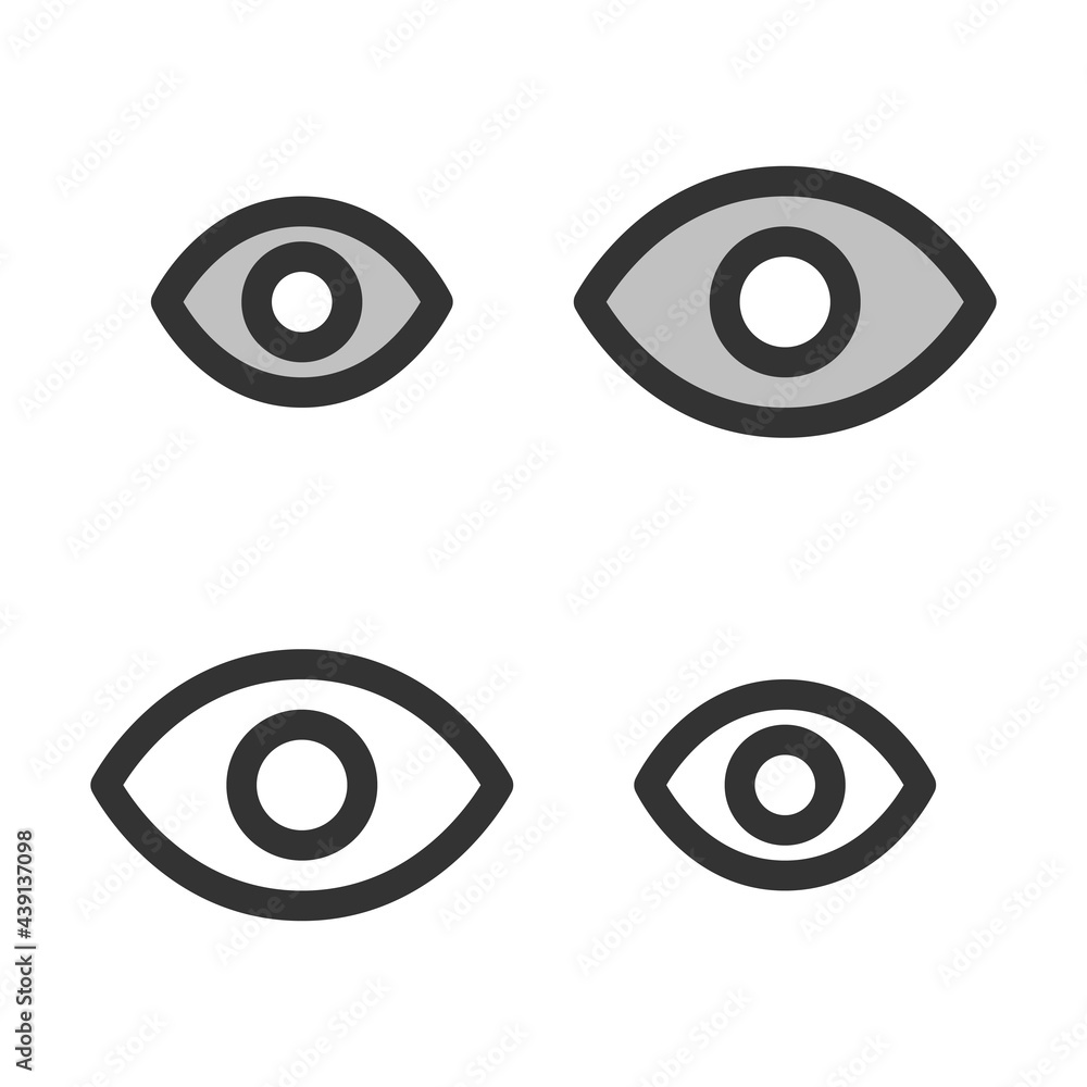 Pixel-perfect linear icon of eye built on two base grids of 32x32 and 24x24 pixels for easy scaling. The initial base line weight is 2 pixels. In two-color and one-color versions. Editable strokes Pixel-perfect linear icon of eye built on two base grids of 32x32 and 24x24 pixels for easy scaling. The initial base line weight is 2 pixels. In two-color and one-color versions. Editable strokes