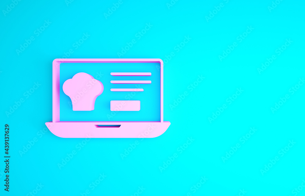 Pink Online ordering and fast food delivery icon isolated on blue background. Minimalism concept. 3d illustration 3D render Pink Online ordering and fast food delivery icon isolated on blue background. Minimalism concept. 3d illustration 3D render
