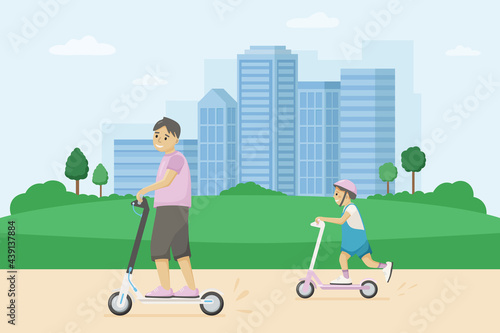 Smiling man with a child ride an kick scooters around the city. Vector urban illustration. Urban eco friendly transport.