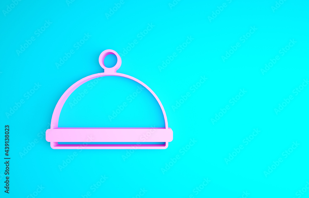 Obraz premium Pink Covered with a tray of food icon isolated on blue background. Tray and lid sign. Restaurant cloche with lid. Kitchenware symbol. Minimalism concept. 3d illustration 3D render