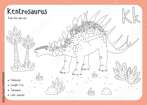 Coloring cards with dinosaurs and alphabet. Dinosaur Fact Cards. Dinosaur Names Corresponding to the English Alphabet. Cute colorful vector illustration. Herbivore set. Dinosaur vegan. Kentrosaurus