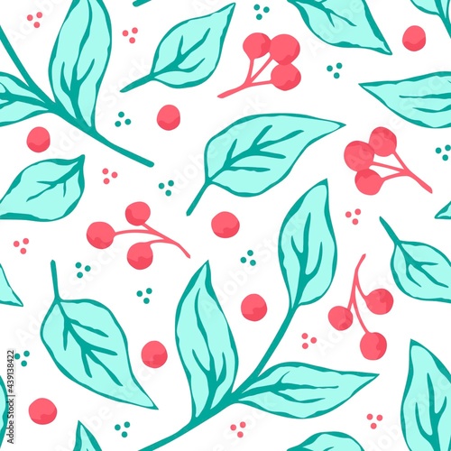Simple hand-drawn calm floral vector seamless pattern. Blue leaves, twigs, red berries on a white background. For fabric prints, textile products, stationery. 