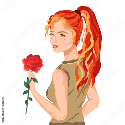 Green eyed redhead young lady with a rose. Beautiful woman with tied back orange colored hair isolated on white. Female sensual character with a scarlet flower in her hands.
