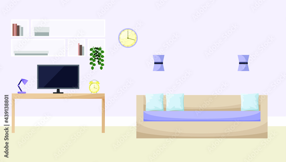 Flat interior design of a children's room for a boy. A sofa with pillows, a work desk with a computer. Cozy home. Flat interior design of a children's room for a boy. A sofa with pillows, a work desk with a computer. Cozy home.