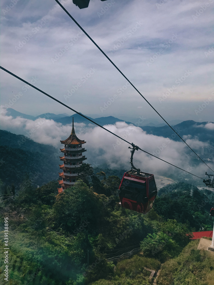 An aerial tramway in front of a temple in Malaysia