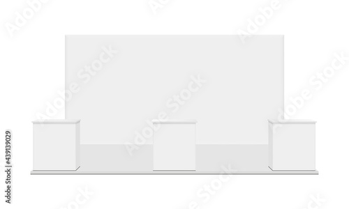 Exhibition Booth with Tables Isolated on White Background, Front View. Vector Illustration