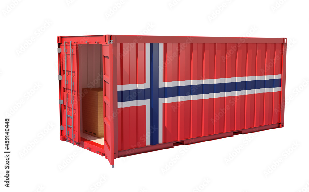 Freight Container with open door in Norway national flag design. Isolated on white. 3D Rendering Freight Container with open door in Norway national flag design. Isolated on white. 3D Rendering