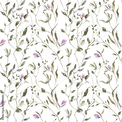 Hand drawn watercolor pattern. Pattern of leaves  wild herbs  flowers  field plants for textiles  napkins  scrapbooking  backgrounds  wallpapers  wrapping paper.