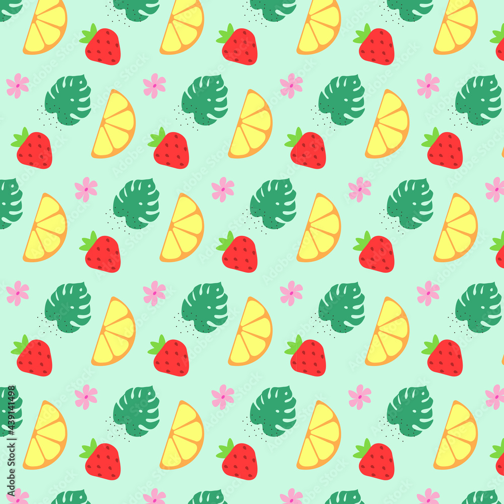 Colorful vector summer seamless pattern with fruits illustration isolated on colour background. Natural style. 