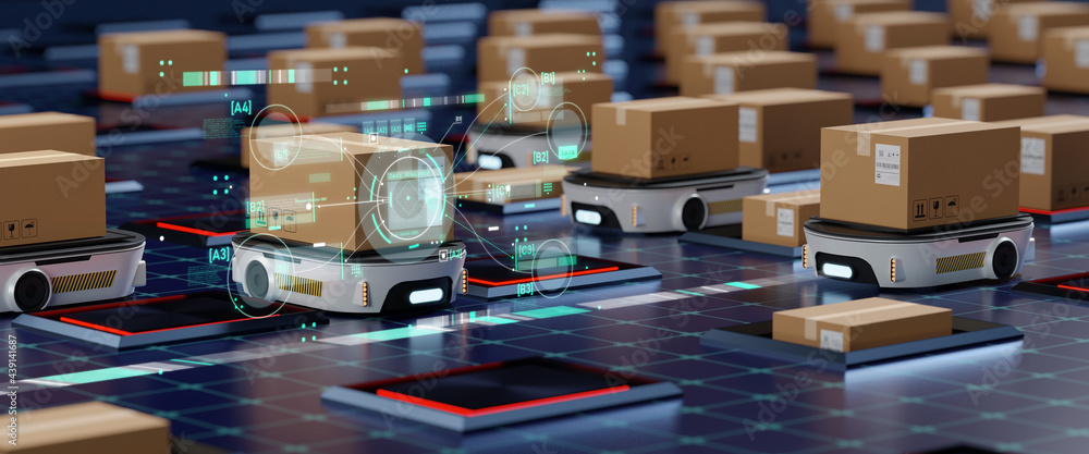 Concept of smart factory and 5G for industrial. Autonomous Robotic transportation or Automated guided vehicle systems(AGV) operating transfer box in automated warehouses.3d rendering and illustration Concept of smart factory and 5G for industrial. Autonomous Robotic transportation or Automated guided vehicle systems(AGV) operating transfer box in automated warehouses.3d rendering and illustration
