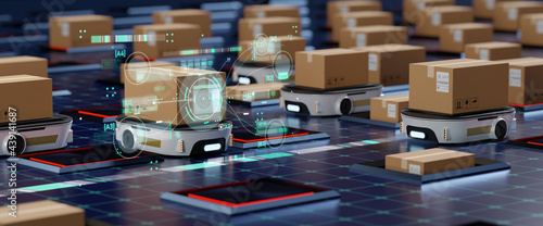 Concept of smart factory and 5G for industrial. Autonomous Robotic transportation or Automated guided vehicle systems(AGV) operating transfer box in automated warehouses.3d rendering and illustration photo