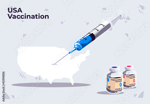 Vector illustration of the USA Vaccination template, medical syringe on the USA map with glass vials of the COVID-19 vaccine, give an injection in the USA