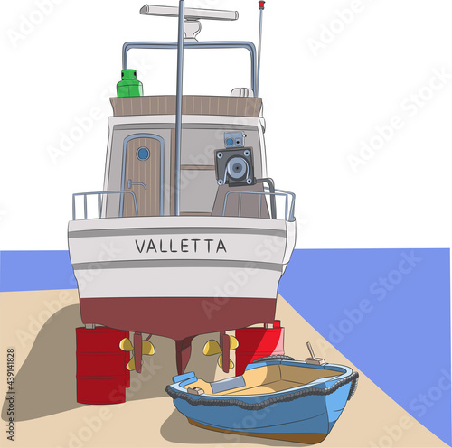 Malta. A fishing boat on red barrels stands on the shore.
