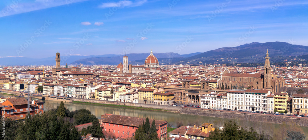 Panoramic View of the Florence City with Palazzo Vecchio, Cathedral Santa Maria Del Fiore and Basilica di Santa Croce from Piazzale Michelangelo in Summer , Tuscany, Italy