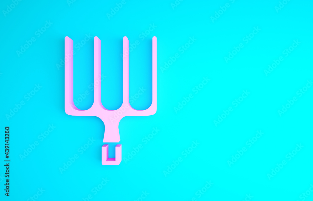 Fototapeta premium Pink Garden pitchfork icon isolated on blue background. Garden fork sign. Tool for horticulture, agriculture, farming. Minimalism concept. 3d illustration 3D render