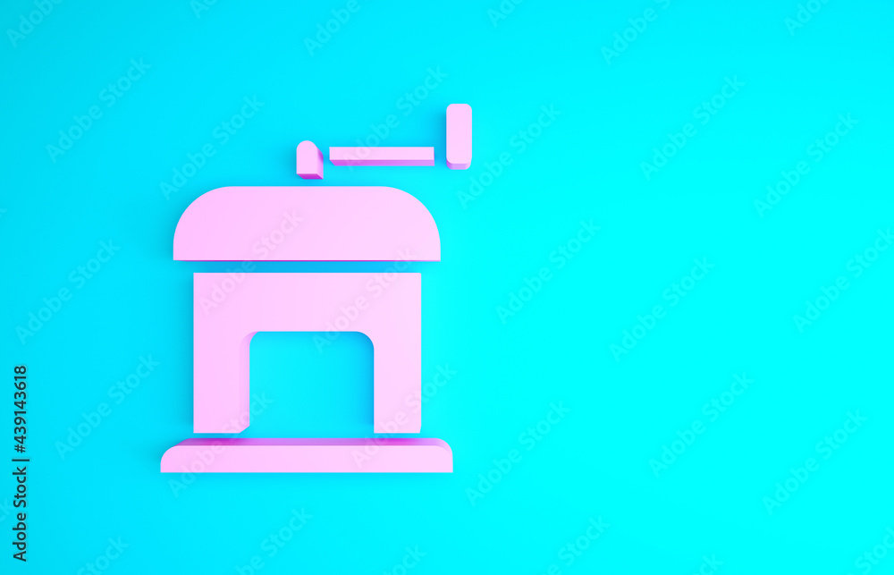 Pink Manual coffee grinder icon isolated on blue background. Minimalism concept. 3d illustration 3D render Pink Manual coffee grinder icon isolated on blue background. Minimalism concept. 3d illustration 3D render
