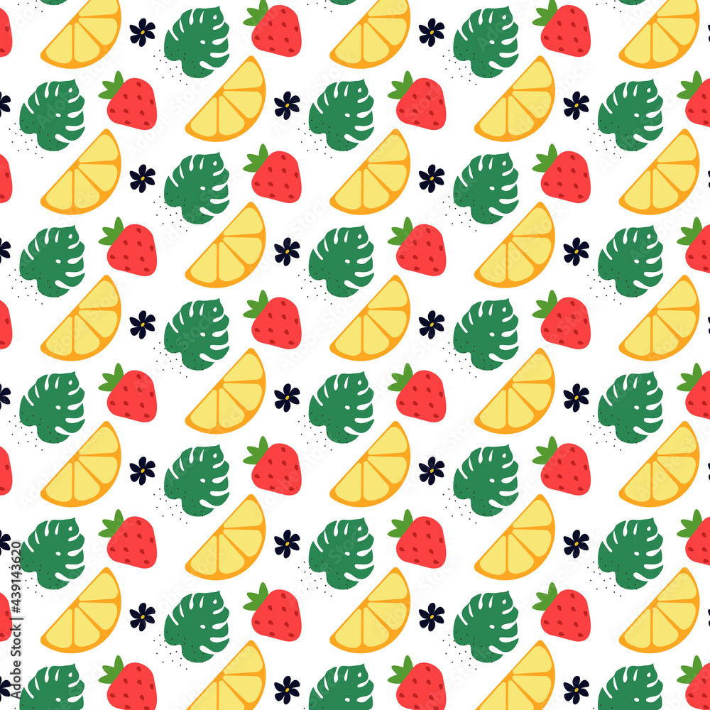 Fototapeta premium Colorful vector summer seamless pattern with fruits illustration isolated on colour background. Natural style. 
