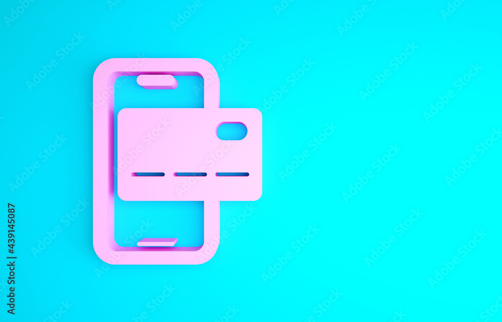 Pink Mobile banking icon isolated on blue background. Transfer money through mobile banking on the mobile phone screen. Minimalism concept. 3d illustration 3D render Pink Mobile banking icon isolated on blue background. Transfer money through mobile banking on the mobile phone screen. Minimalism concept. 3d illustration 3D render