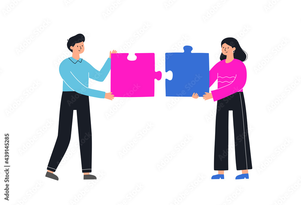 Obraz premium Teamwork and team building hand drawn vector illustration. People connecting puzzle elements. Cooperation, partnership. Business concept.