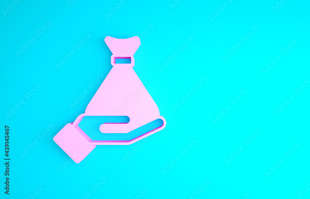 Pink Money in hand icon isolated on blue background. Insurance concept. Security, safety, protection, protect concept. Minimalism concept. 3d illustration 3D render Pink Money in hand icon isolated on blue background. Insurance concept. Security, safety, protection, protect concept. Minimalism concept. 3d illustration 3D render