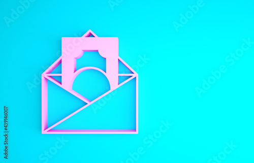 Pink Envelope with coin dollar symbol icon isolated on blue background. Salary increase, money payroll, compensation income. Minimalism concept. 3d illustration 3D render