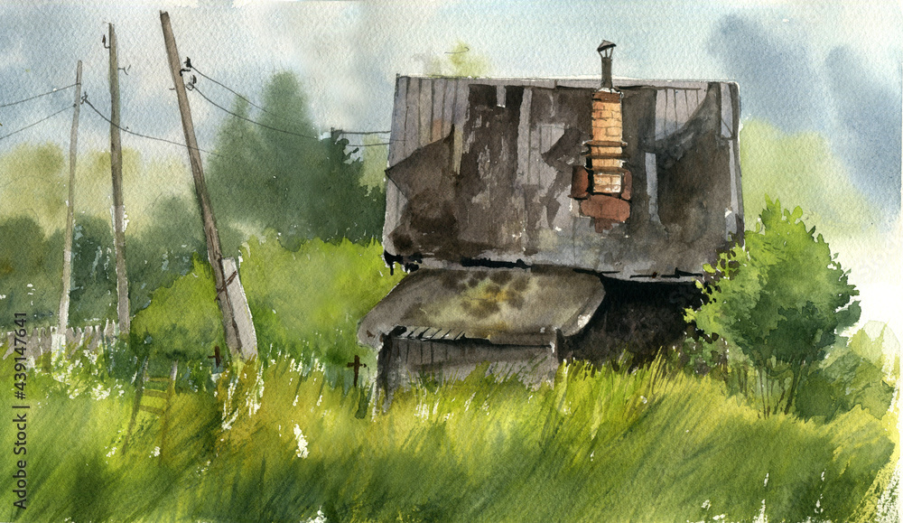 watercolor rural landscape with wooden house and green grass, hand drawn illustration watercolor rural landscape with wooden house and green grass, hand drawn illustration