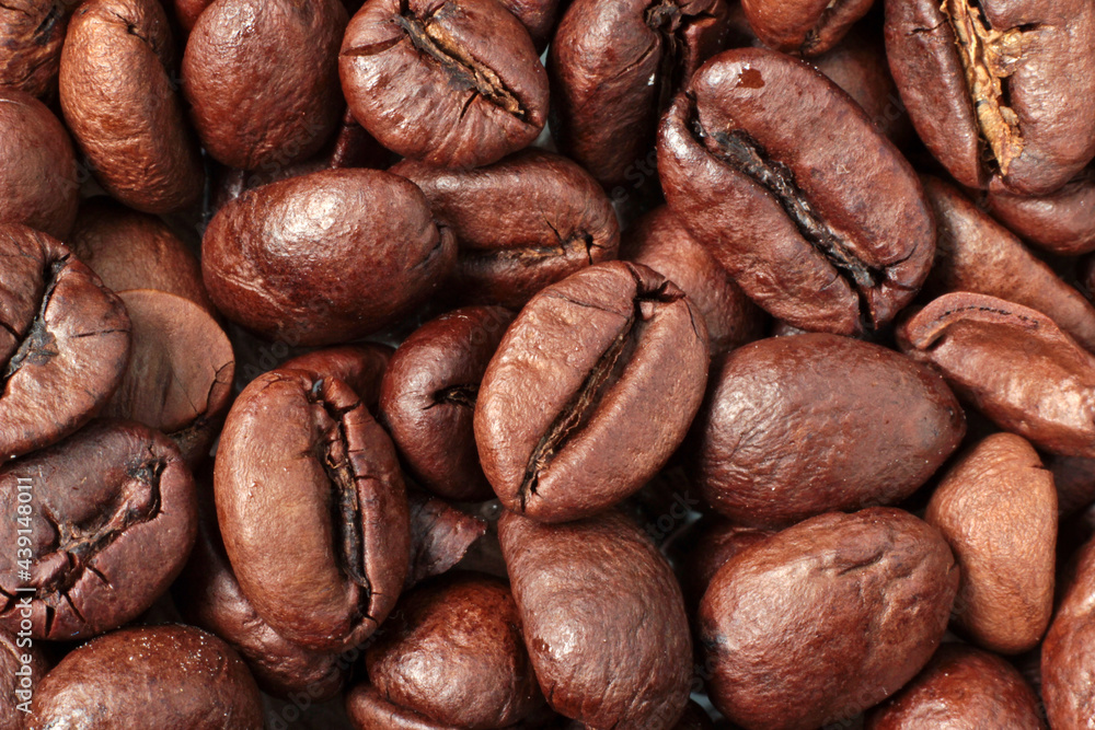 roasted coffee beans. Macro close-up of coffee seeds. heap of coffee beans roasted coffee beans. Macro close-up of coffee seeds. heap of coffee beans
