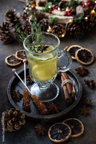 Christmas composition with hot spiced wine with citrus