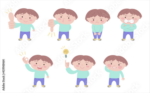 いろんな表情の男の子　全身　セット　Set, Boy, Shy, Embarrassing, Hesitation, Ok sign, Thumbs up, Thumbs down, Booing, Sorry, Sad, Apology, Angry, Inspiration, Idea