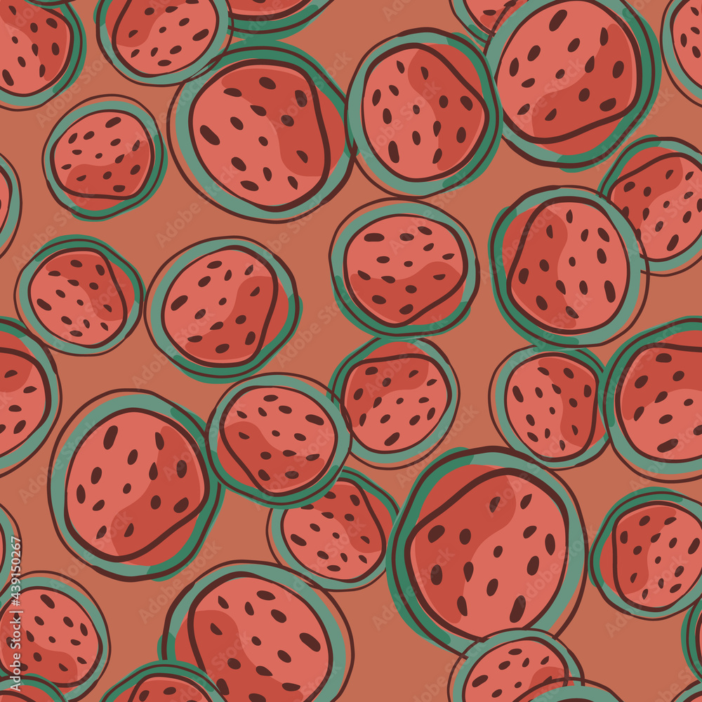 Fresh organic seamless pattern with watermelon ornament. Random berries doodle elements. Simple funny print. Fresh organic seamless pattern with watermelon ornament. Random berries doodle elements. Simple funny print.