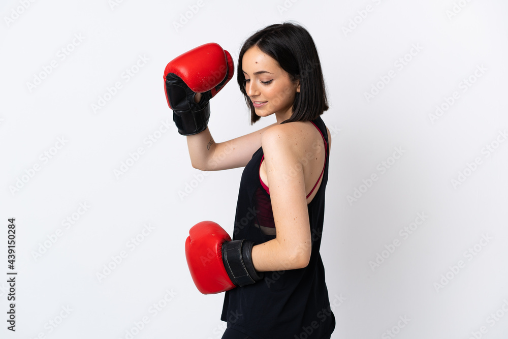 Young caucasian woman isolated on white background with boxing gloves Young caucasian woman isolated on white background with boxing gloves