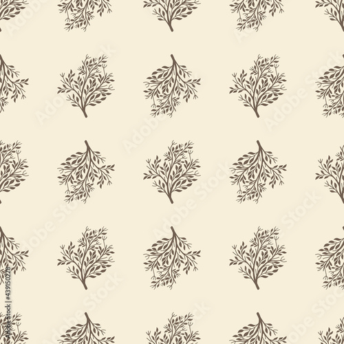 Grey bush silhouettes seamless pattern in doodle simple style. Pastel background. Floral nature backdrop.