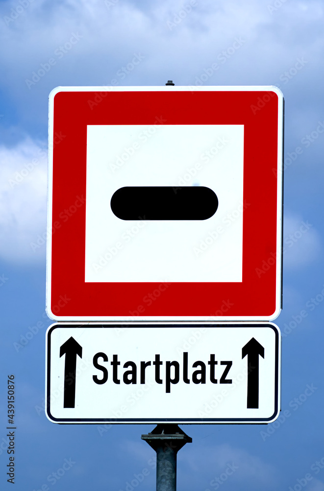 German inscription, translated launch site, under a red square with black line on white background, the sea sign for launch site. German inscription, translated launch site, under a red square with black line on white background, the sea sign for launch site.