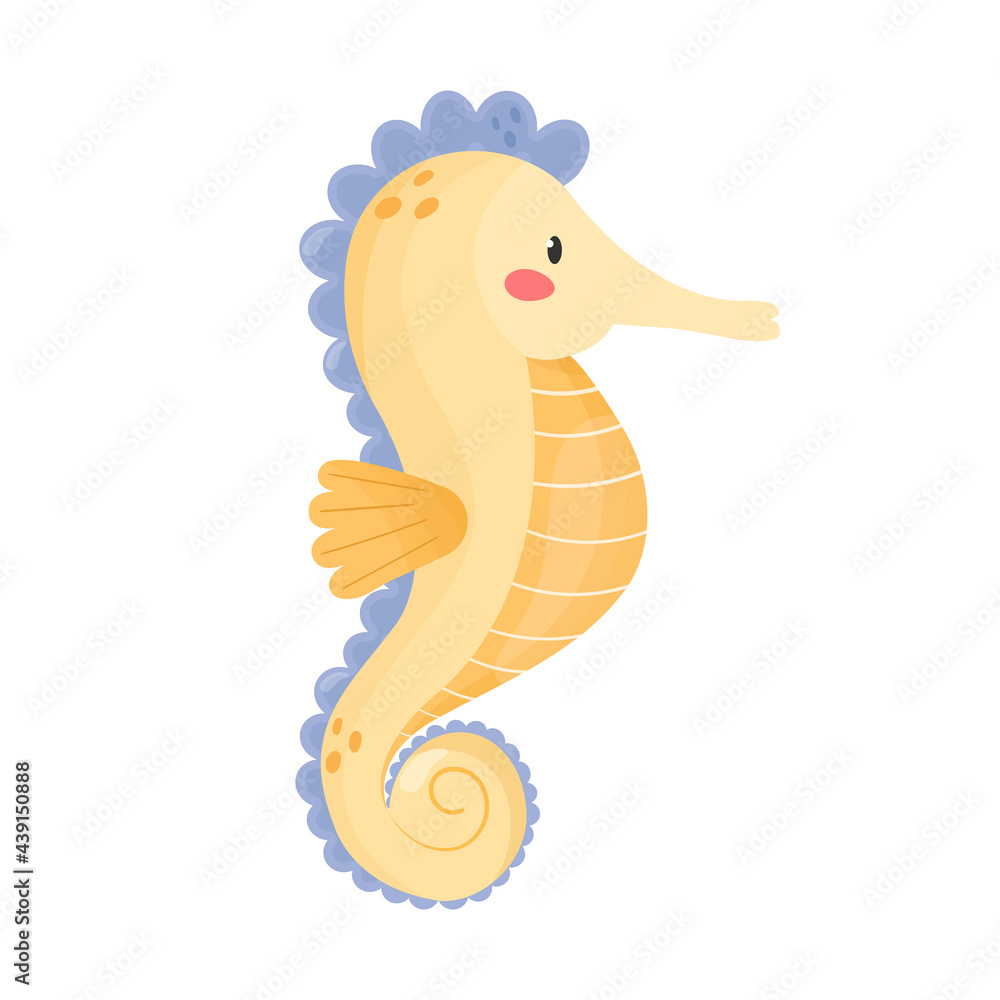 Fototapeta premium Cute smiling seahorse isolated on white background. Cartoon style vector illustration. Sea animal, underwater wildlife. Adorable character for kids, nursery, print