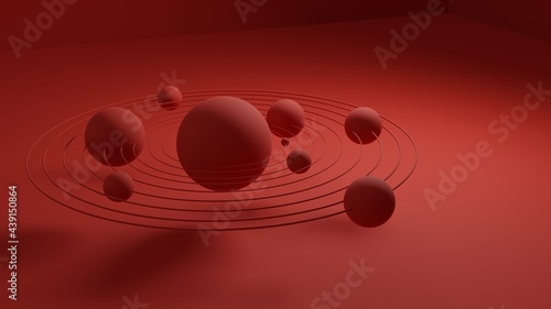 3d planets orbiting solar system on a red background