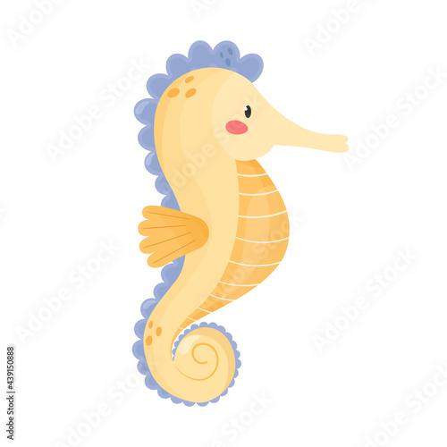 Cute smiling seahorse isolated on white background. Cartoon style vector illustration. Sea animal, underwater wildlife. Adorable character for kids, nursery, print
